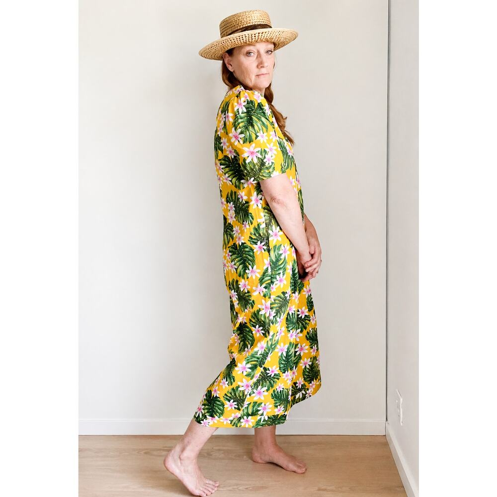 Vintage Hawaiian Mumu Midi Dress Yellow Pink Tropical Size M/L Vacation Vibes